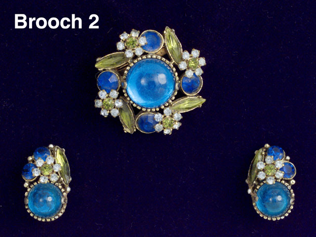 Vintage Brooch & Earring Set, Emerald Blue