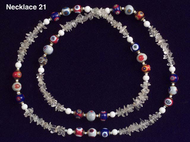 30" Handmade Venetian Glass Necklace with Gold Beadcaps and Polished Quartz Crystal