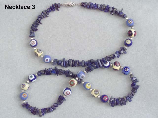 22" Handmade Venetian Glass Necklace with silver beads and polished Lapis Lazuli w/silver safety clasp