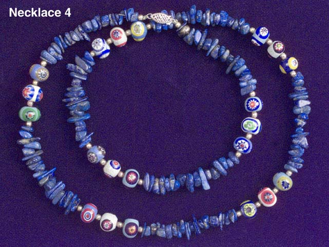 26 1/2" Handmade Venetian Glass Necklace with silver beads, polished lapis lazuli chips and a silver safety clasp